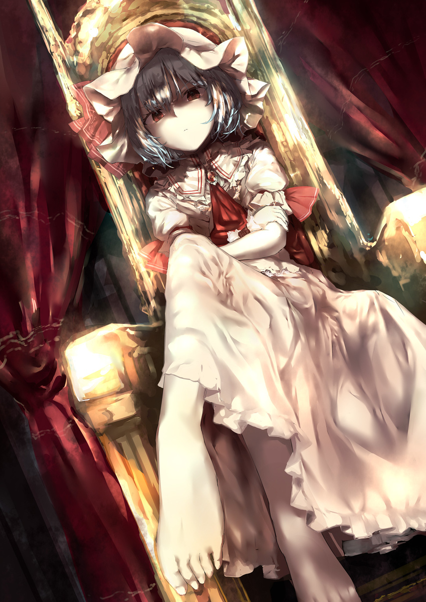 ascot bangs barefoot blue_hair brooch commentary_request crossed_arms crossed_legs curtains dutch_angle feet frown hat hat_ribbon highres jewelry long_skirt looking_at_viewer mob_cap puffy_short_sleeves puffy_sleeves red_ribbon remilia_scarlet ribbon sakusyo short_hair short_sleeves sitting skirt skirt_set solo throne touhou wrist_cuffs