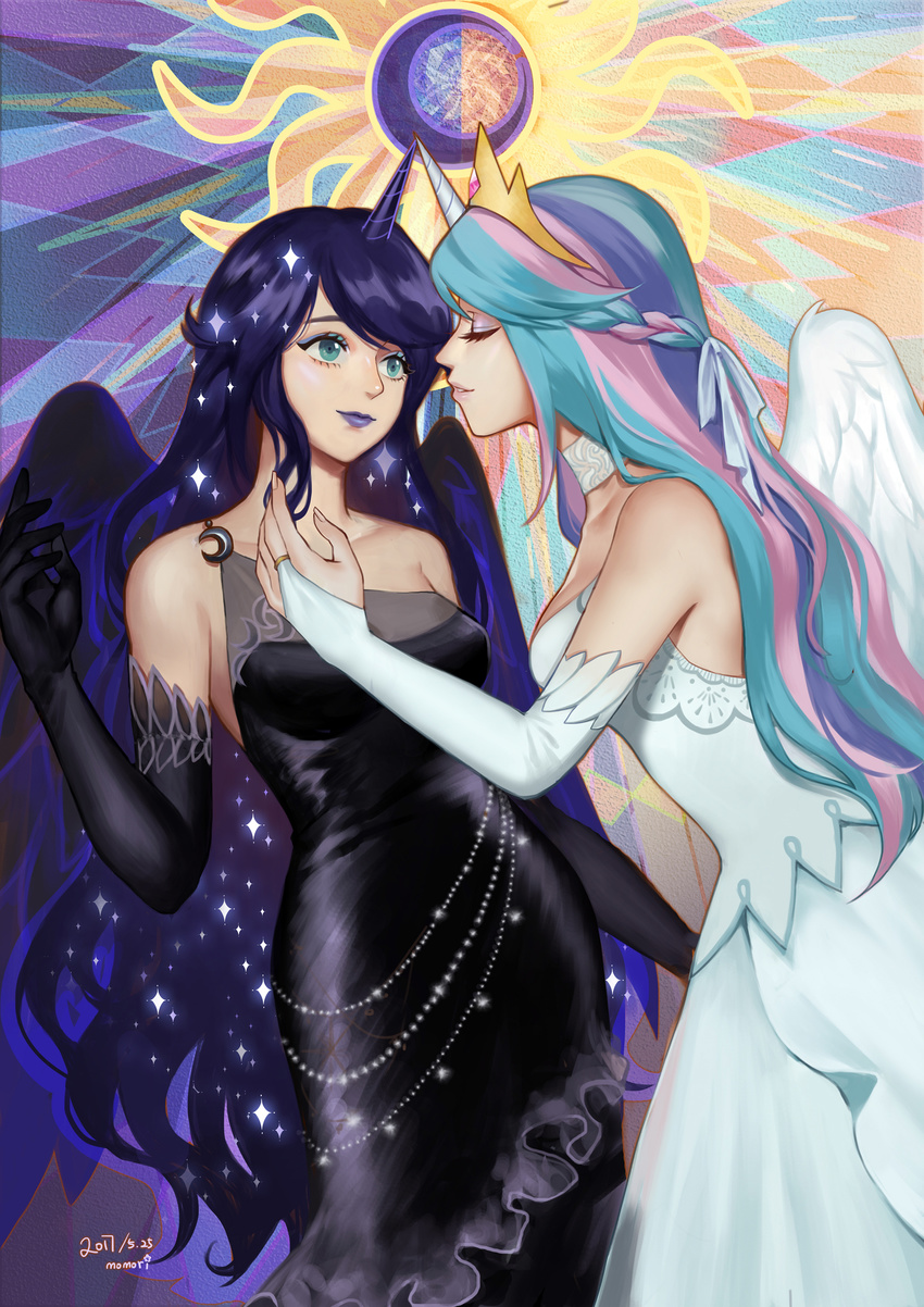 absurdres aqua_eyes bare_shoulders belly_chain black_dress black_gloves black_vs_white black_wings blue_hair blue_lipstick bridal_gauntlets celestia_(my_little_pony) choker crescent dated dress eclipse elbow_gloves eyelashes eyeshadow gloves green_hair highres horn imminent_kiss jewelry lipstick long_hair looking_at_another luna_(my_little_pony) makeup momori moon multicolored_hair multiple_girls my_little_pony my_little_pony_friendship_is_magic parted_lips personification pink_hair pink_lipstick purple_hair siblings sisters smile sparkle sun very_long_hair white_dress white_wings wings