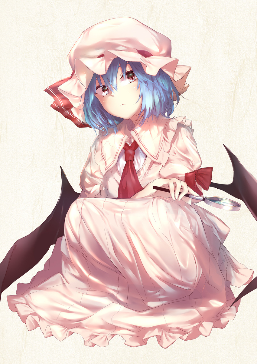 ascot bangs bat_wings blue_hair commentary_request hat hat_ribbon highres holding long_skirt magnifying_glass mob_cap puffy_short_sleeves puffy_sleeves red_eyes red_ribbon remilia_scarlet ribbon sakusyo short_hair short_sleeves simple_background skirt skirt_set solo squatting touhou wings
