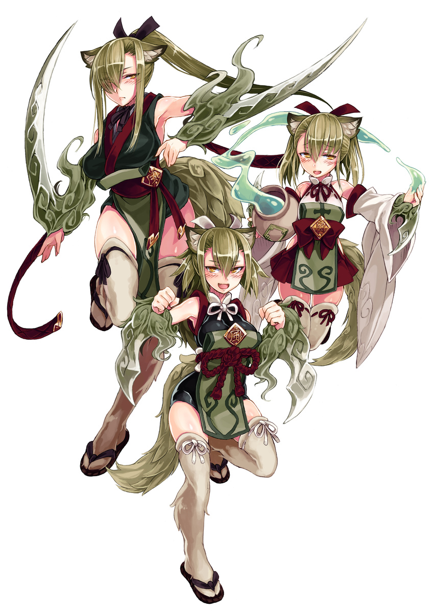 :d absurdres animal_ears arm_blade armpits bare_shoulders blade blush breasts clenched_hands closed_mouth detached_sleeves enty_reward eyebrows_visible_through_hair eyes_visible_through_hair fur green_hair grey_legwear hair_between_eyes hair_over_one_eye highres holding_pot japanese_clothes kamaitachi_(monster_girl_encyclopedia) kenkou_cross large_breasts legs long_hair long_sleeves looking_at_viewer magic medium_hair monster_girl_encyclopedia multiple_girls open_mouth orange_eyes paid_reward pelvic_curtain ponytail pot sandals sash short_hair simple_background small_breasts smile standing standing_on_one_leg tabi tail thighhighs twintails weapon white_background wide_sleeves