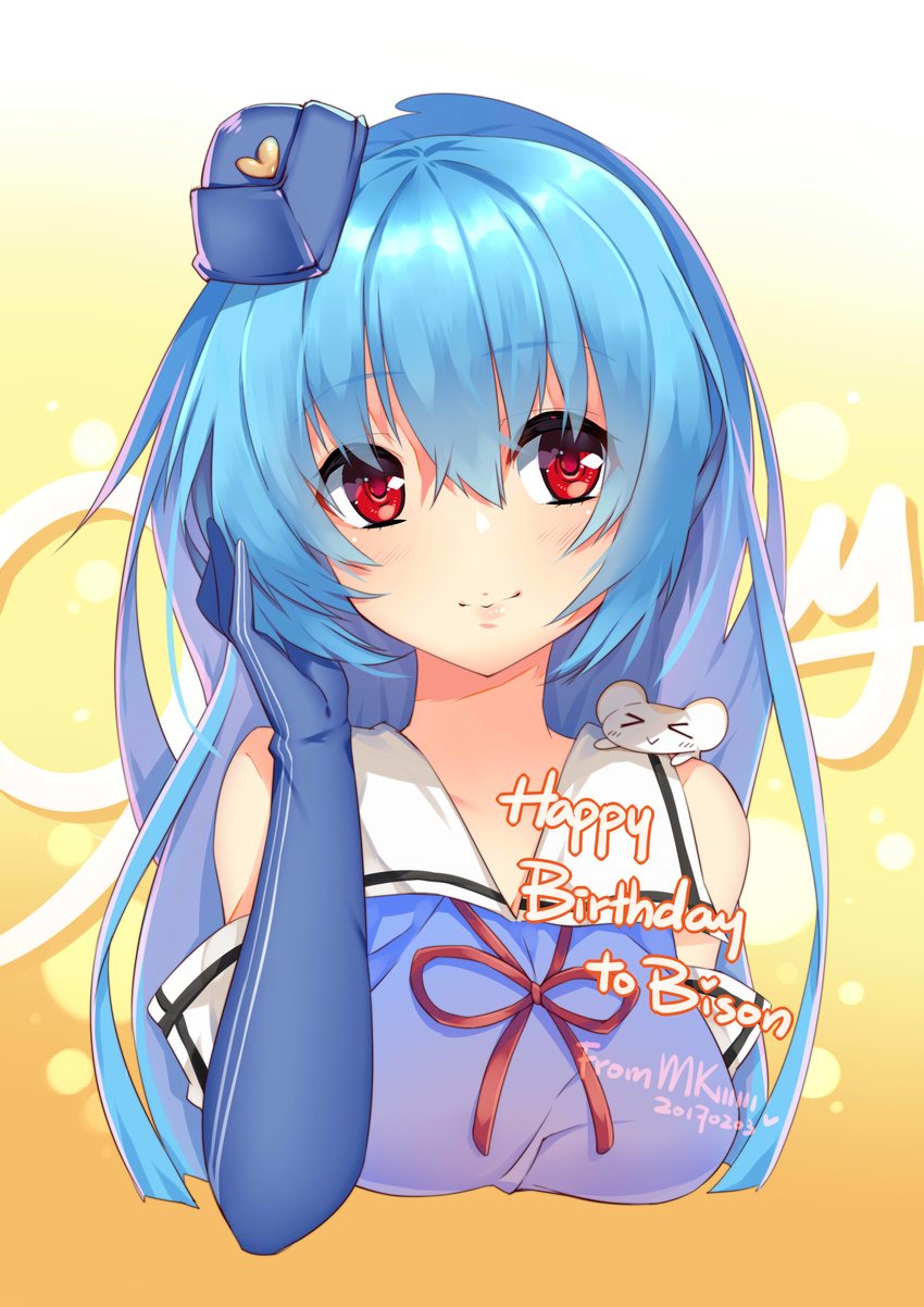 33_(mkiiiiii) absurdres artist_name bare_shoulders blue_hair dated elbow_gloves gloves hair_between_eyes happy_birthday hat highres long_hair looking_at_viewer mini_hat mouse quincy_(zhan_jian_shao_nyu) red_eyes ribbon smile solo upper_body very_long_hair zhan_jian_shao_nyu