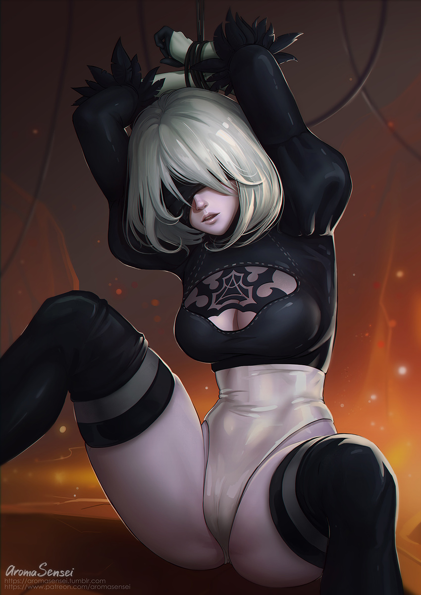 arms_up aroma_sensei bdsm blindfold bondage bound bound_arms breasts cameltoe cleavage feather-trimmed_sleeves highres large_breasts leotard nier_(series) nier_automata parted_lips silver_hair solo yorha_no._2_type_b