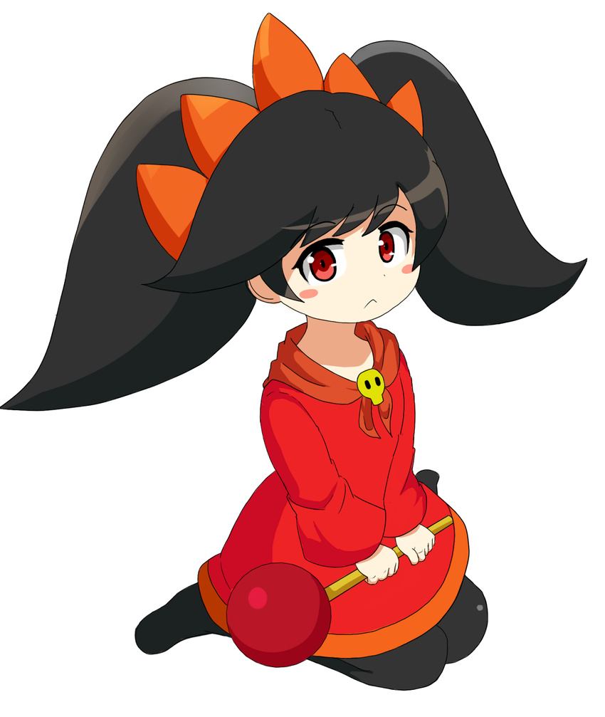 :&lt; ashley_(warioware) bangs big_hair black_hair black_legwear blush_stickers christmas closed_mouth commentary_request dress eyebrows_visible_through_hair flat_chest full_body hairband highres holding holding_staff korutana long_hair long_sleeves looking_at_viewer neckerchief no_shoes orange_hairband orange_neckwear pantyhose red_dress red_eyes simple_background sitting skull solo staff swept_bangs twintails warioware wariza white_background