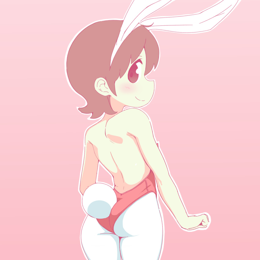 1girl aioi_yuuko animal_ears ass blush bunny_ears bunnysuit child closed_mouth cowboy_shot fake_animal_ears fake_tail female from_behind looking_at_viewer looking_back nichijou orange_peel_(artist) profile simple_background smile solo tail white_legwear