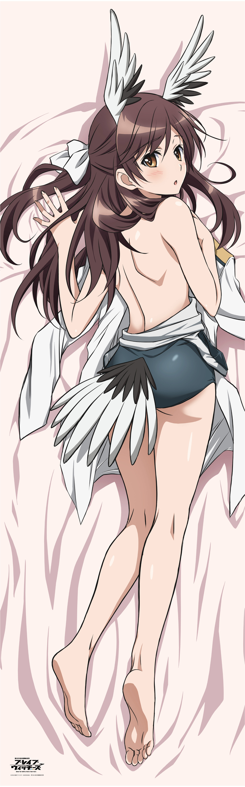 absurdres ass bare_legs bare_shoulders barefoot brave_witches brown_eyes brown_hair dakimakura eyebrows_visible_through_hair full_body hair_ribbon half_updo hand_on_own_chest head_wings highres incredibly_absurdres karibuchi_takami long_hair looking_at_viewer looking_back lying official_art on_stomach parted_lips ribbon shoulder_blades soles solo swimsuit_pull tail toes world_witches_series