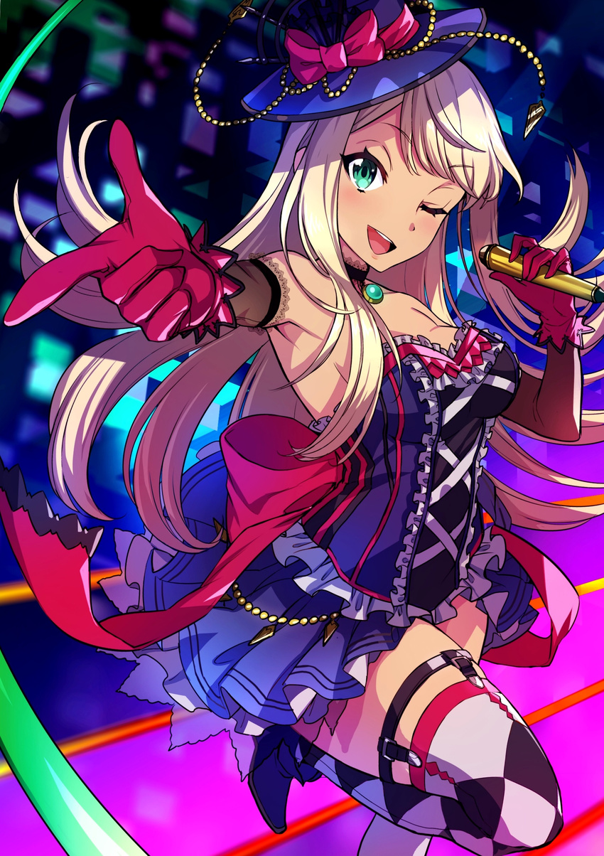;d absurdres alessandra_susu argyle argyle_legwear armpits bad_id bad_pixiv_id bare_shoulders black_dress blonde_hair blue_eyes blush breasts choker cleavage commentary_request cowboy_shot cross-laced_clothes dress foreshortening frilled_choker frills garters gloves gold_trim hat highres idol leg_up long_hair looking_at_viewer maruchi medium_breasts microphone one_eye_closed open_mouth red_gloves short_dress smile solo standing standing_on_one_leg thighhighs tokyo_7th_sisters top_hat