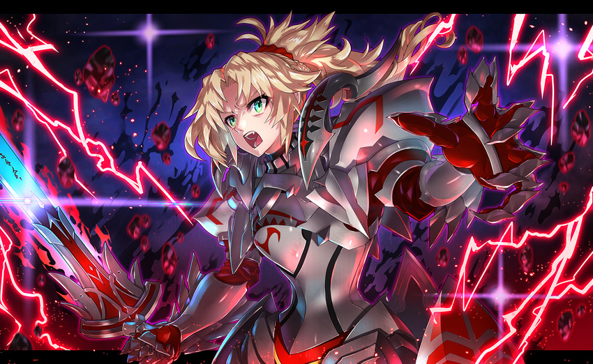 angry aqua_eyes armor aura blonde_hair braid breastplate commentary_request d: debris electricity fate/apocrypha fate_(series) gauntlets hair_ornament hair_scrunchie highres holding holding_sword holding_weapon letterboxed mordred_(fate) mordred_(fate)_(all) open_mouth outside_border pauldrons ponytail red_scrunchie scrunchie solo standing sword toshi_gahara v-shaped_eyebrows weapon