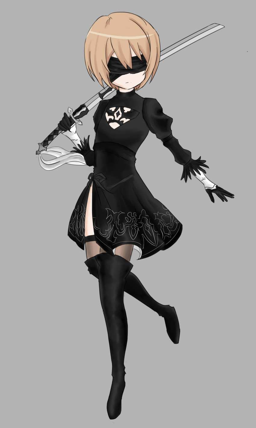 absurdres black_dress black_legwear blanc blindfold boots brown_hair cleavage_cutout cosplay dress expressionless facing_viewer feather-trimmed_sleeves full_body gloves grey_background highres holding holding_sword holding_weapon katana leg_up neptune_(series) nier_(series) nier_automata outstretched_arm over_shoulder patterned_clothing rez_(vywv3284) short_hair simple_background solo standing standing_on_one_leg sword sword_over_shoulder thigh_boots thighhighs weapon weapon_over_shoulder yorha_no._2_type_b yorha_no._2_type_b_(cosplay)