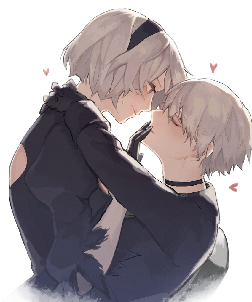 1girl black_dress black_gloves black_hairband closed_eyes commentary_request couple dress gloves hairband hand_on_another's_mouth heart hetero highres hug looking_at_another nier_(series) nier_automata pullssack sweatdrop yorha_no._2_type_b yorha_no._9_type_s