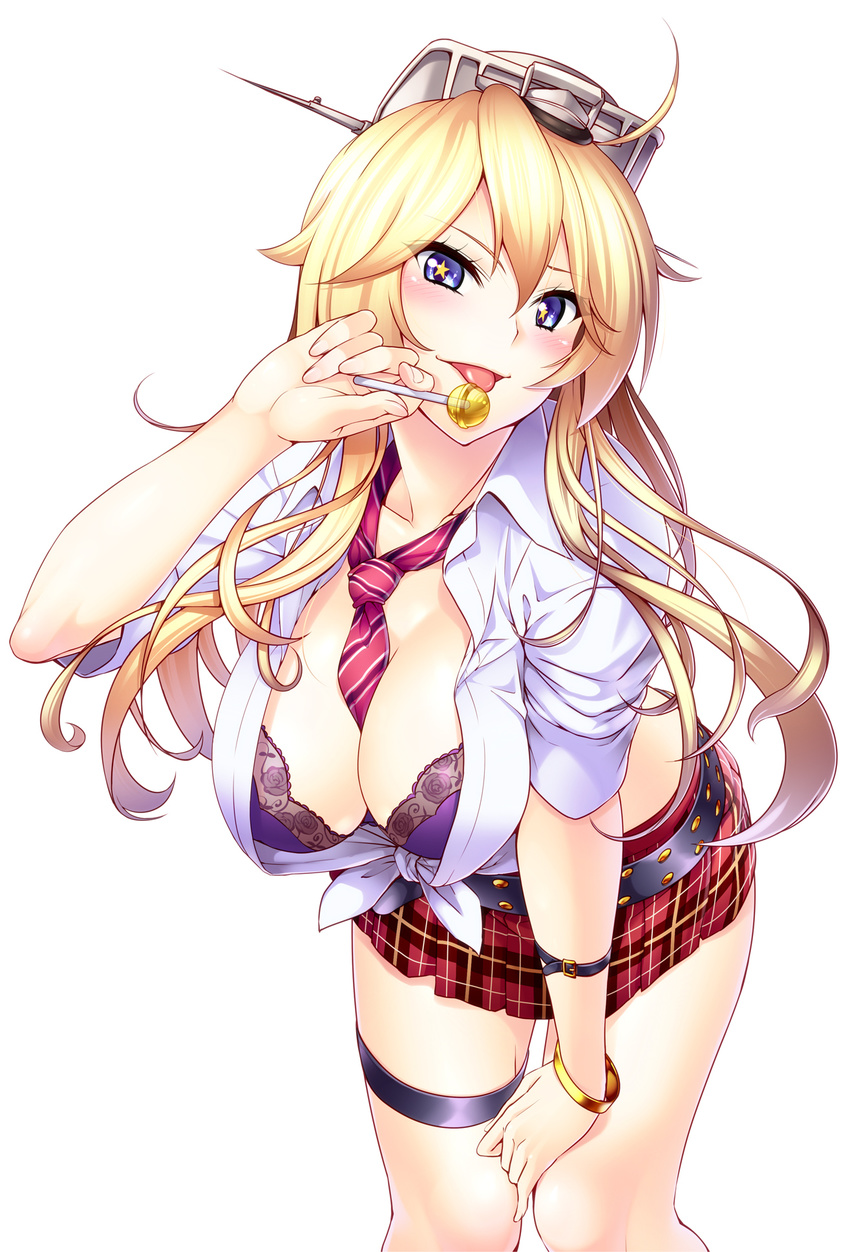 846-gou alternate_costume between_breasts blonde_hair blue_eyes bra breasts candy cleavage dress_shirt food hand_on_own_knee highres iowa_(kantai_collection) kantai_collection lace lace-trimmed_bra large_breasts leaning_forward lollipop long_hair necktie necktie_between_breasts plaid plaid_skirt red_neckwear school_uniform shirt skirt solo star star-shaped_pupils symbol-shaped_pupils tied_shirt underwear