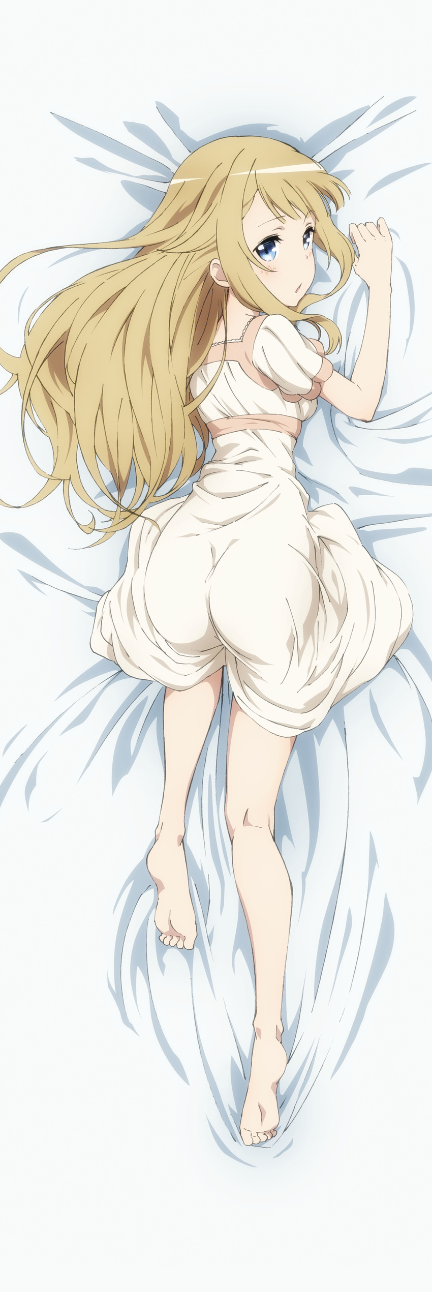 absurdres all_fours ass bare_legs barefoot bed_sheet beige_dress blonde_hair blue_eyes breasts dakimakura dress from_above from_behind full_body highres long_hair looking_at_viewer looking_back parted_lips princess_(princess_principal) princess_principal sheet_grab small_breasts solo top-down_bottom-up very_long_hair