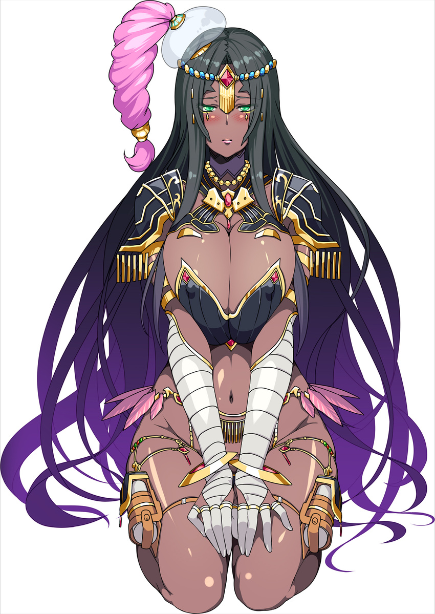 846-gou black_hair blush breast_squeeze breasts circlet cleavage covered_nipples fate/grand_order fate_(series) green_eyes highres huge_breasts jewelry lips long_hair navel ring scheherazade_(fate/grand_order) seiza simple_background sitting solo thigh_strap thighs thumb_ring very_long_hair white_background