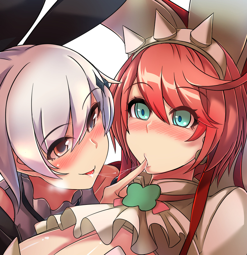 2girls ahoge aqua_eyes arc_system_works artist_request blush breasts bridal_veil brown_eyes bunny_ears cleavage dual_persona elphelt_valentine fingerless_gloves girls_frontline gloves guilty_gear guilty_gear_xrd guilty_gear_xrd:_revelator large_breasts multiple_girls pink_hair ribbon saliva saliva_trail shiny shiny_hair shiny_skin short_hair silver_hair smile veil