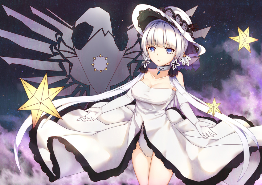 azur_lane bangs blue_eyes breasts choker cleavage cloud dress elbow_gloves gem gloves hair_ornament hat illustrious_(azur_lane) iwry large_breasts leotard long_hair looking_at_viewer low_twintails mole mole_under_eye outstretched_arms sky solo star star_(sky) starry_sky strapless strapless_dress twintails very_long_hair white_gloves white_hair white_leotard