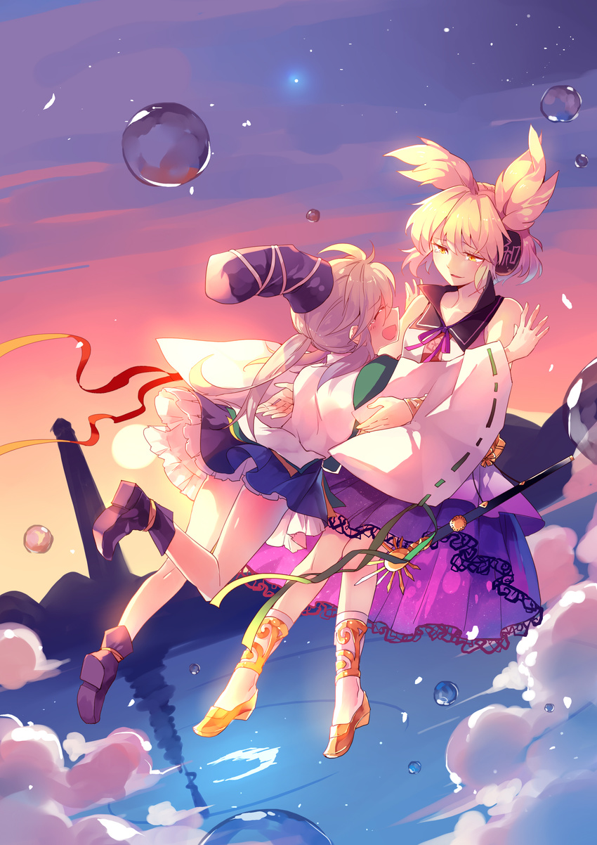 absurdres anklet bare_legs bare_shoulders blonde_hair blue_skirt bracelet commentary_request earmuffs flying hat highres japanese_clothes jewelry kariginu long_sleeves miniskirt mononobe_no_futo multiple_girls outdoors pointy_ears ponytail purple_footwear purple_skirt ribbon-trimmed_sleeves ribbon_trim ritual_baton shoes silver_hair skirt sky smile star_(sky) starry_sky tate_eboshi tears touhou toyosatomimi_no_miko wide_sleeves yellow_eyes yellow_footwear yetworldview_kaze