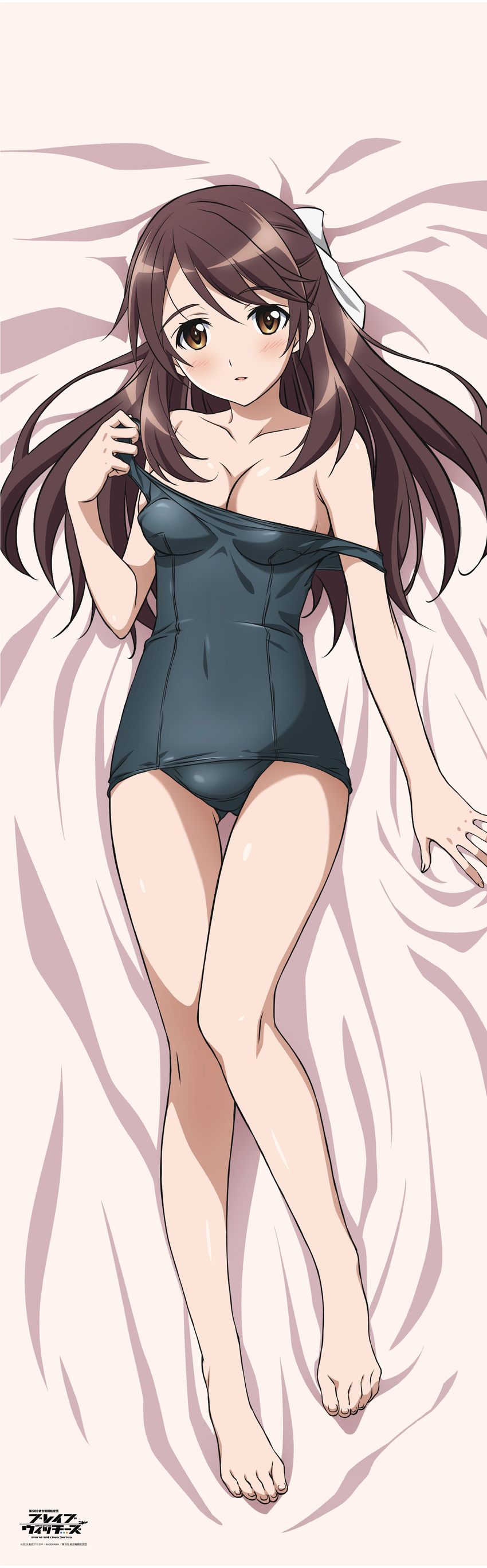 absurdres ass_visible_through_thighs bare_legs bare_shoulders barefoot black_swimsuit blush brave_witches breasts brown_eyes brown_hair cleavage covered_navel dakimakura full_body hair_ribbon half_updo highres incredibly_absurdres karibuchi_takami long_hair looking_at_viewer lying medium_breasts official_art on_back one-piece_swimsuit parted_lips ribbon school_swimsuit solo strap_slip swimsuit world_witches_series