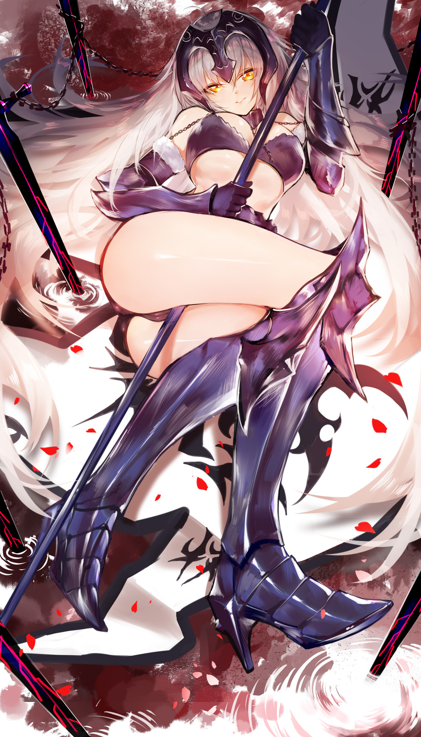 absurdres armor ass blue_footwear bra breasts crossed_legs fate/grand_order fate_(series) highres horz jeanne_d'arc_(alter)_(fate) jeanne_d'arc_(fate)_(all) legs long_hair looking_at_viewer lying medium_breasts metal_boots metal_gloves on_side sketch smile solo staff sword underwear weapon white_hair yellow_eyes