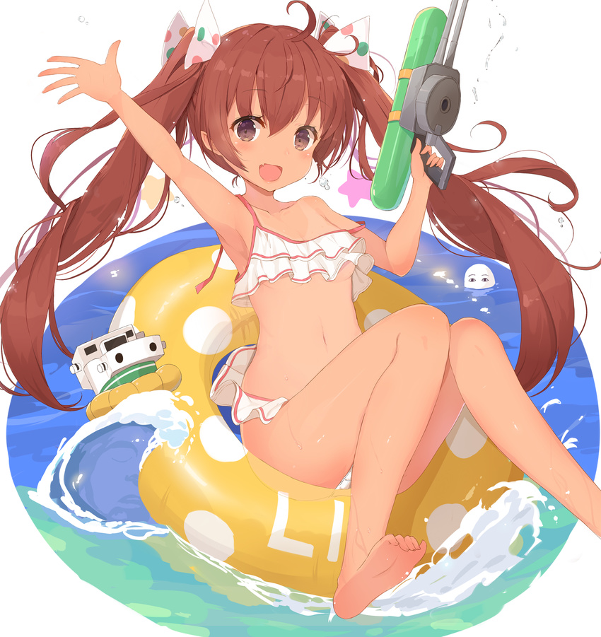 :d ahoge armpits bangs bare_arms bare_legs bare_shoulders barefoot bikini bikini_skirt blush breasts brown_eyes brown_hair collarbone dark_skin frilled_bikini frills hair_ribbon highres holding innertube kagerou_(shadowmage) kantai_collection libeccio_(kantai_collection) long_hair looking_at_viewer navel open_mouth polka_dot_ribbon ribbon robot shiny shiny_skin simple_background sitting small_breasts smile solo splashing star stomach strap_slip swimsuit tareme twintails underboob very_long_hair water water_gun waving white_background white_bikini yellow_innertube