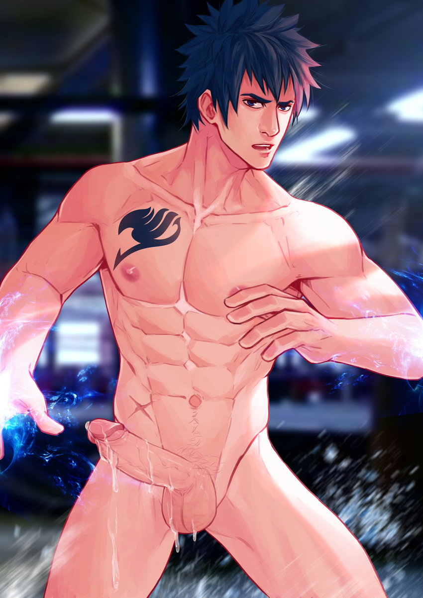 1boy black_hair cum erection fairy_tail gray_fullbuster looking_at_viewer male_focus maorenc muscle nipples nude penis tattoo testicles