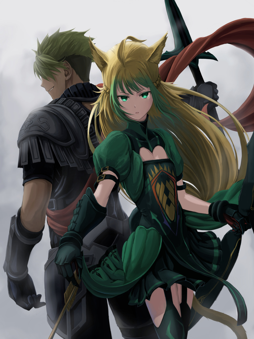 1girl absurdres achilles_(fate) animal_ears armor atalanta_(fate) blonde_hair bow_(weapon) cat_ears fate/apocrypha fate_(series) green_eyes green_hair highres holding holding_weapon mukade_(siieregannsu) multicolored_hair polearm spear thighhighs two-tone_hair weapon