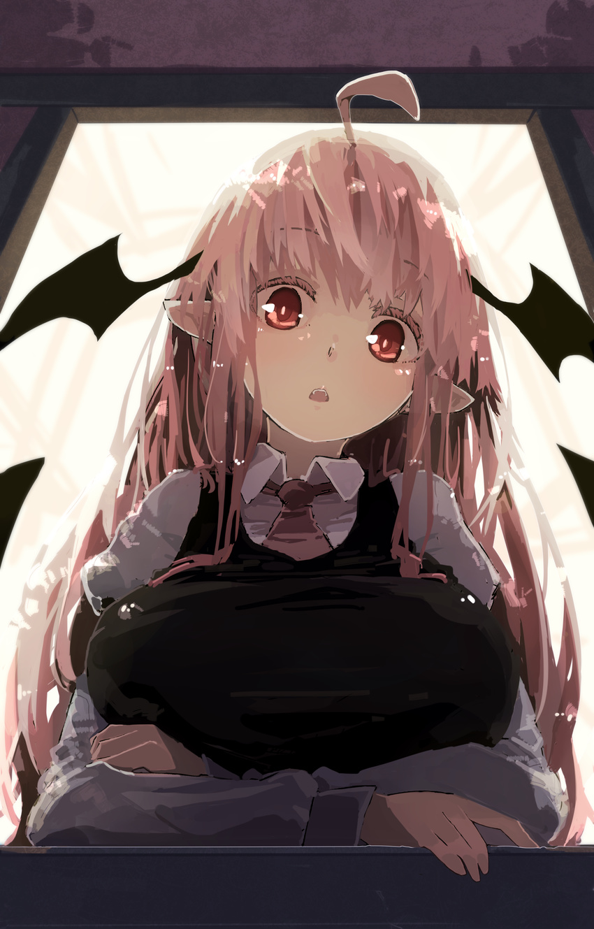 absurdres ahoge bangs breast_rest breasts collared_shirt colored_eyelashes commentary_request crossed_arms demon_wings from_below futatsuki_eru head_tilt head_wings highres koakuma large_breasts long_hair long_sleeves looking_at_viewer necktie pointy_ears red_eyes red_hair red_neckwear shirt solo touhou wing_collar wings