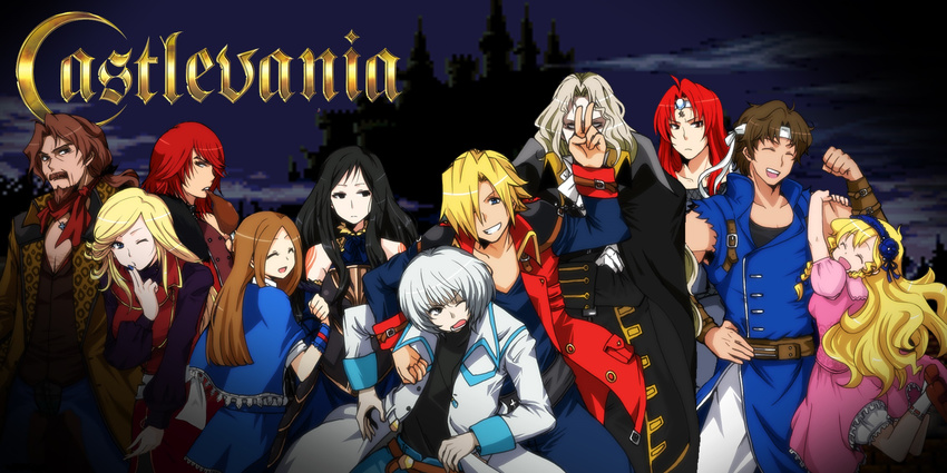^_^ ^o^ alucard_(castlevania) animal_print arm_hug arm_up arms_up bangs beard belt black_eyes black_hair blonde_hair bloomers blue_eyes blue_nails braid breasts brown_eyes brown_hair buckle capelet castle castlevania castlevania:_dawn_of_sorrow castlevania:_harmony_of_despair charlotte_aulin clenched_hand closed_eyes closed_mouth coat copyright_name cross cross_necklace crossed_arms d; detached_sleeves dress eating expressionless facial_hair facial_mark finger_to_mouth food forehead_mark frown getsu_fuuma gloves grin hair_over_one_eye hairband hand_on_hip hand_up headband highres jewelry jonathan_morris julius_belmondo kidachi leaning_forward leopard_print long_hair long_sleeves looking_at_viewer maria_renard medium_breasts multiple_boys multiple_girls mustache nail_polish necklace night night_sky one_eye_closed open_mouth parted_bangs pink_dress profile puffy_short_sleeves puffy_sleeves red_hair richter_belmondo shanoa short_sleeves side_braid silver_hair simon_belmondo sky sleeveless smile soma_cruz source_request standing swept_bangs twin_braids underwear v v-shaped_eyebrows white_gloves wrist_cuffs yoko_belnades
