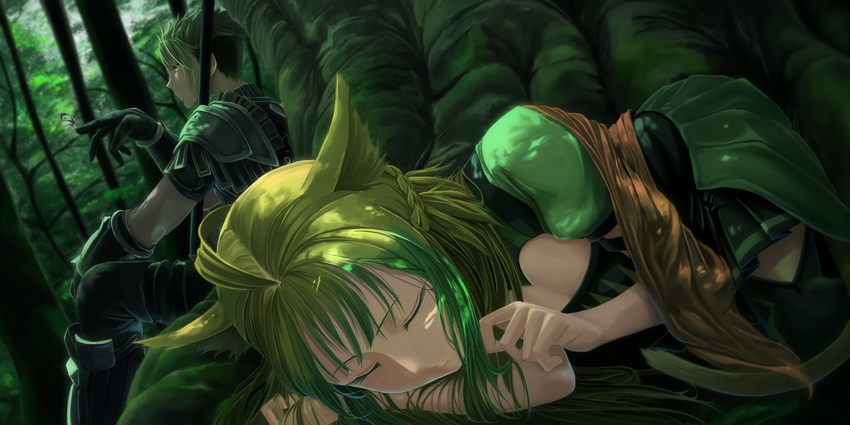 1girl achilles_(fate) animal_ears armor atalanta_(fate) brown_hair bug butterfly cat_ears closed_eyes fate/apocrypha fate_(series) green_hair highres holding holding_weapon insect mukade_(siieregannsu) multicolored_hair polearm sitting sleeping spear thighhighs two-tone_hair weapon yellow_eyes