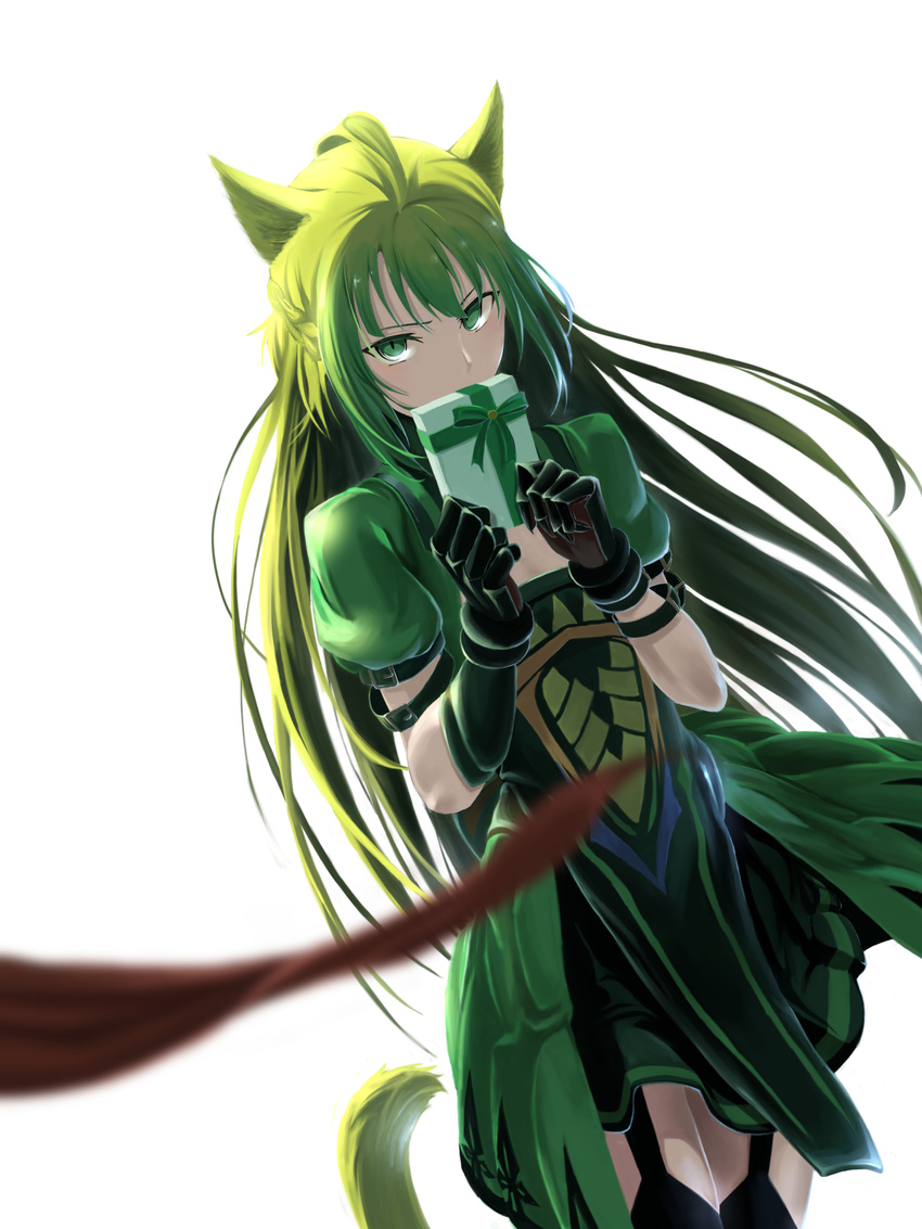 absurdres ahoge animal_ears atalanta_(fate) black_legwear breasts cat_ears cat_tail cleavage fate/apocrypha fate_(series) gift gloves green_eyes green_hair highres holding holding_gift long_hair medium_breasts mukade_(siieregannsu) simple_background solo tail thighhighs very_long_hair white_background