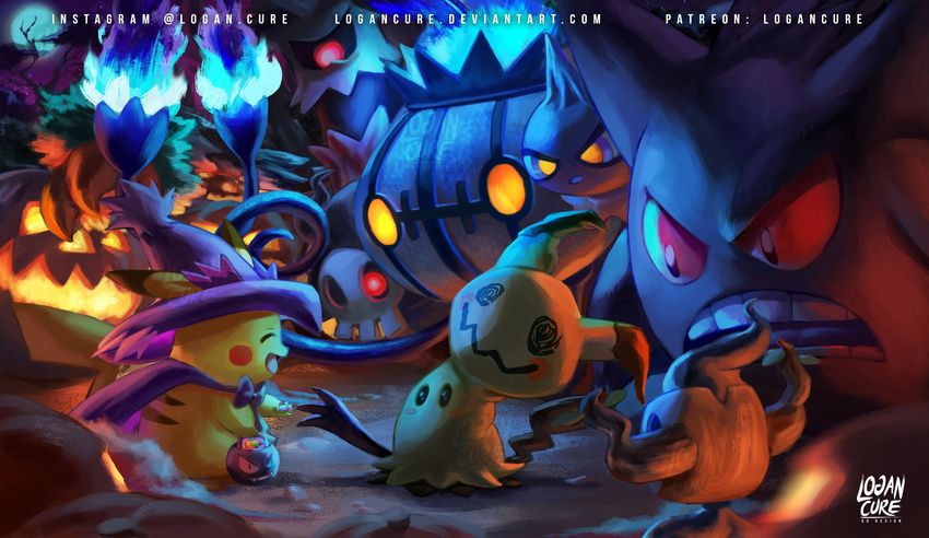 closed_eyes duskull gen_1_pokemon gen_3_pokemon gen_5_pokemon gen_6_pokemon gen_7_pokemon gengar halloween hat highres horror_(theme) logan_cure mimikyu no_humans phantump pikachu pokemon pokemon_(creature) shuppet smile trevenant witch_hat