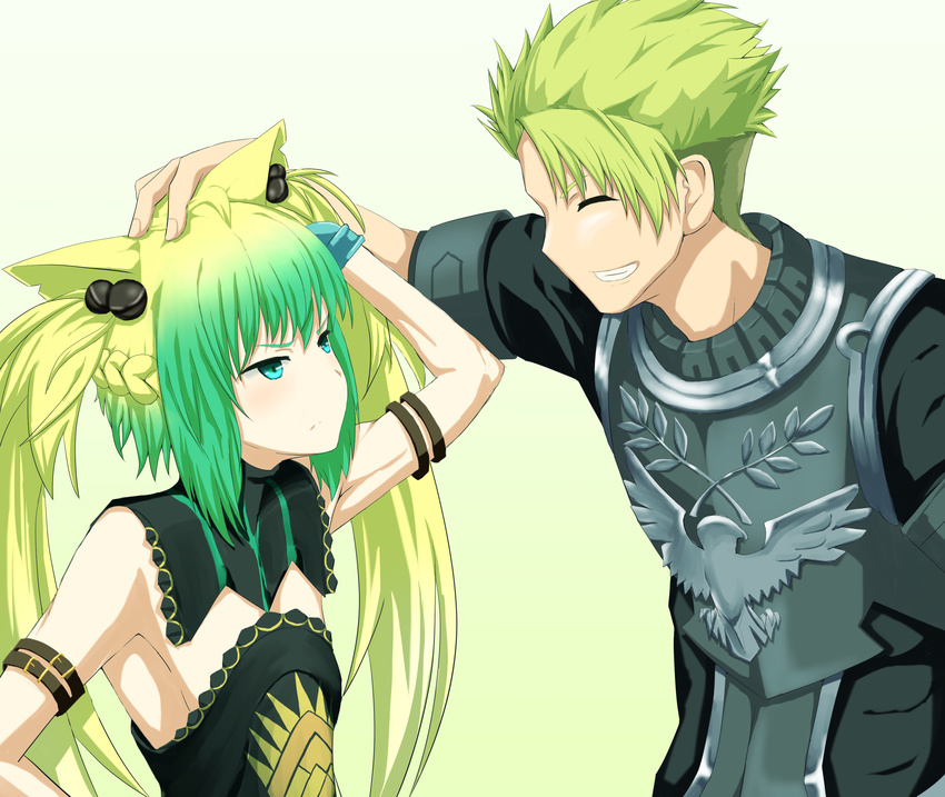 1girl absurdres achilles_(fate) animal_ears atalanta_(fate) blonde_hair cat_ears closed_eyes fate/apocrypha fate_(series) green_eyes green_hair hand_on_another's_head highres holding holding_weapon mukade_(siieregannsu) multicolored_hair thighhighs two-tone_hair weapon