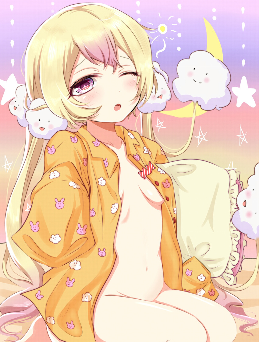;o animal_print barefoot blonde_hair blush bottomless breasts breasts_apart bunny_print closed_mouth cloud_print collarbone commentary_request crescent frilled_pillow frills gradient gradient_background groin highres long_hair mahou_shoujo_ikusei_keikaku mahou_shoujo_ikusei_keikaku_unmarked multicolored_hair naked_shirt navel nemurin one_eye_closed open_mouth open_pajamas pajamas pillow pink_eyes pink_hair rudo_(rudorudo0917) seiza shirt sitting sleepy sleeves_past_wrists small_breasts smile solo star very_long_hair
