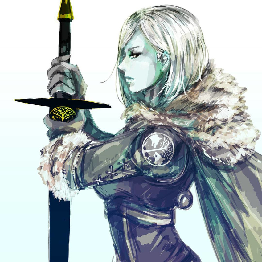 armor blue_skin cape closed_mouth destiny_(game) expressionless from_side fur-trimmed_sleeves fur_collar fur_trim gloves grey_gloves half-closed_eye holding holding_sword holding_weapon hunter_(destiny) long_sleeves looking_afar nvalkyrja profile short_hair silver_hair simple_background solo sword upper_body weapon white_background white_hair