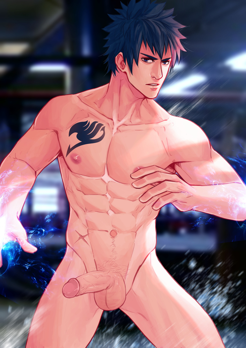 1boy black_hair fairy_tail gray_fullbuster looking_at_viewer male_focus maorenc muscle nipples nude penis tattoo testicles