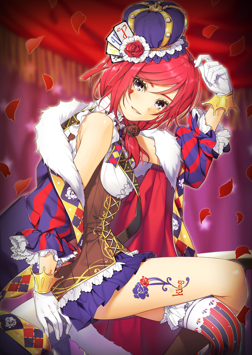absurdres asymmetrical_legwear bare_shoulders center_frills commentary_request cross-laced_clothes crossed_legs crown facial_mark flower frilled_legwear frilled_sleeves frills fur_trim gloves heart_tattoo highres leg_tattoo love_live! love_live!_school_idol_project miniskirt nishikino_maki over-kneehighs parted_lips petals pleated_skirt purple_eyes red_hair rose rose_petals short_hair sitting skirt smile solo striped striped_legwear striped_sleeves tattoo thighhighs vertical-striped_legwear vertical_stripes white_gloves yana_mori