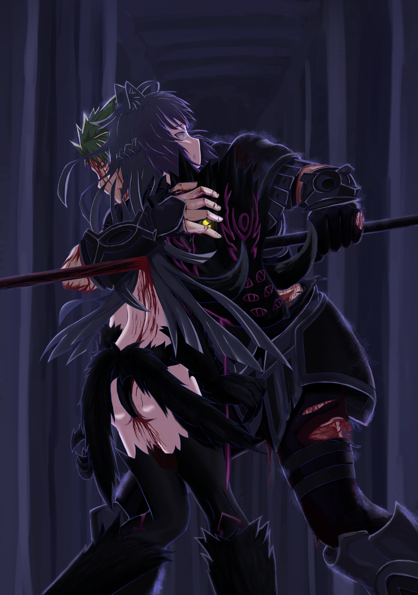1girl absurdres achilles_(fate) agrius_metamorphosis animal_ears armor ass atalanta_(alter)_(fate) atalanta_(fate) black_hair blood blue_eyes cat_ears closed_mouth fate/apocrypha fate_(series) green_hair highres holding holding_weapon impaled mukade_(siieregannsu) open_mouth polearm purple_hair slit_pupils spear spoilers thighhighs weapon yellow_eyes