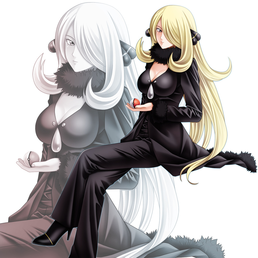 black_footwear black_pants blonde_hair breasts brown_eyes cleavage crossed_legs hair_ornament hair_over_one_eye high_heels highres holding holding_poke_ball invisible_chair large_breasts long_hair looking_at_viewer pants poke_ball pokemon pokemon_(game) pokemon_dppt shirona_(pokemon) sitting smile solo tamamon very_long_hair white_background zoom_layer