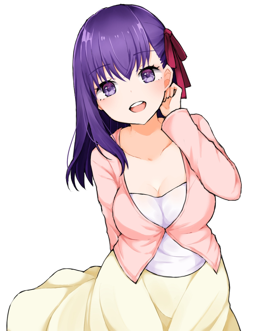 :d arm_behind_back bangs blush breasts cleavage collarbone commentary_request cowboy_shot fate/stay_night fate_(series) hair_ribbon hand_up head_tilt highres jacket long_hair long_skirt long_sleeves matou_sakura medium_breasts open_mouth pink_jacket purple_eyes purple_hair red_ribbon ribbon round_teeth skirt smile solo standing takae_(poupee_en_biscuit) teeth yellow_skirt