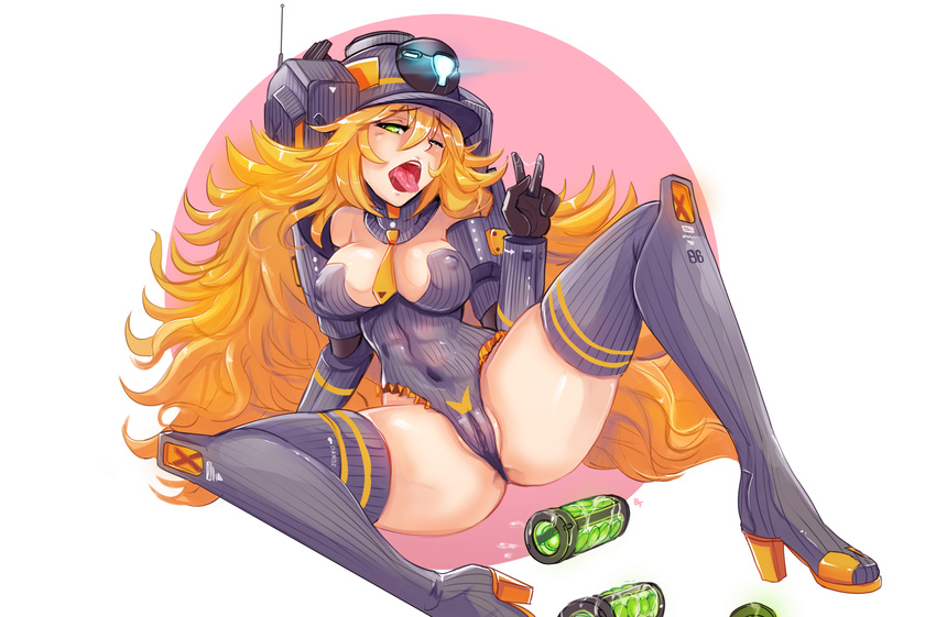 abs bangs battery battery_removed blonde_hair boots breasts covered_navel covered_nipples eyebrows_visible_through_hair green_eyes hair_between_eyes helmet high_heel_boots high_heels highres hmage knee_boots large_breasts long_hair looking_at_viewer mecha_musume navel nipples personification pussy_juice see-through sexually_suggestive solo spread_legs sticky_fingers thighhighs titanfall titanfall_2 tone_(titanfall_2) v