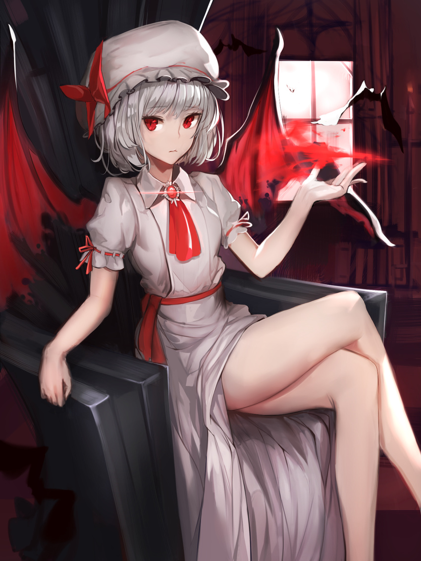 bangs bare_arms bare_legs bat bat_wings brooch crossed_legs expressionless goldenhee hat hat_ribbon highres indoors jewelry long_skirt looking_at_viewer mob_cap puffy_short_sleeves puffy_sleeves red_eyes red_ribbon remilia_scarlet ribbon ribbon-trimmed_sleeves ribbon_trim short_sleeves silver_hair sitting skirt skirt_set solo touhou white_hat window wing_collar wings