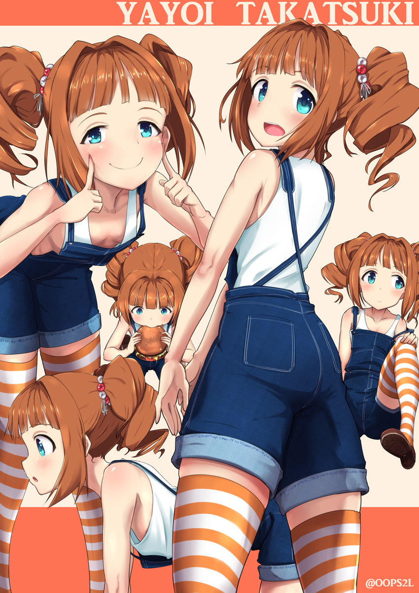 :d all_fours blue_eyes blush breasts brown_footwear brown_hair character_name eating finger_to_cheek food hair_bobbles hair_ornament hamburger highres idolmaster idolmaster_(classic) leaning_forward looking_at_viewer multiple_views oops open_mouth overalls short_twintails small_breasts smile striped striped_legwear suspenders takatsuki_yayoi thighhighs twintails twitter_username