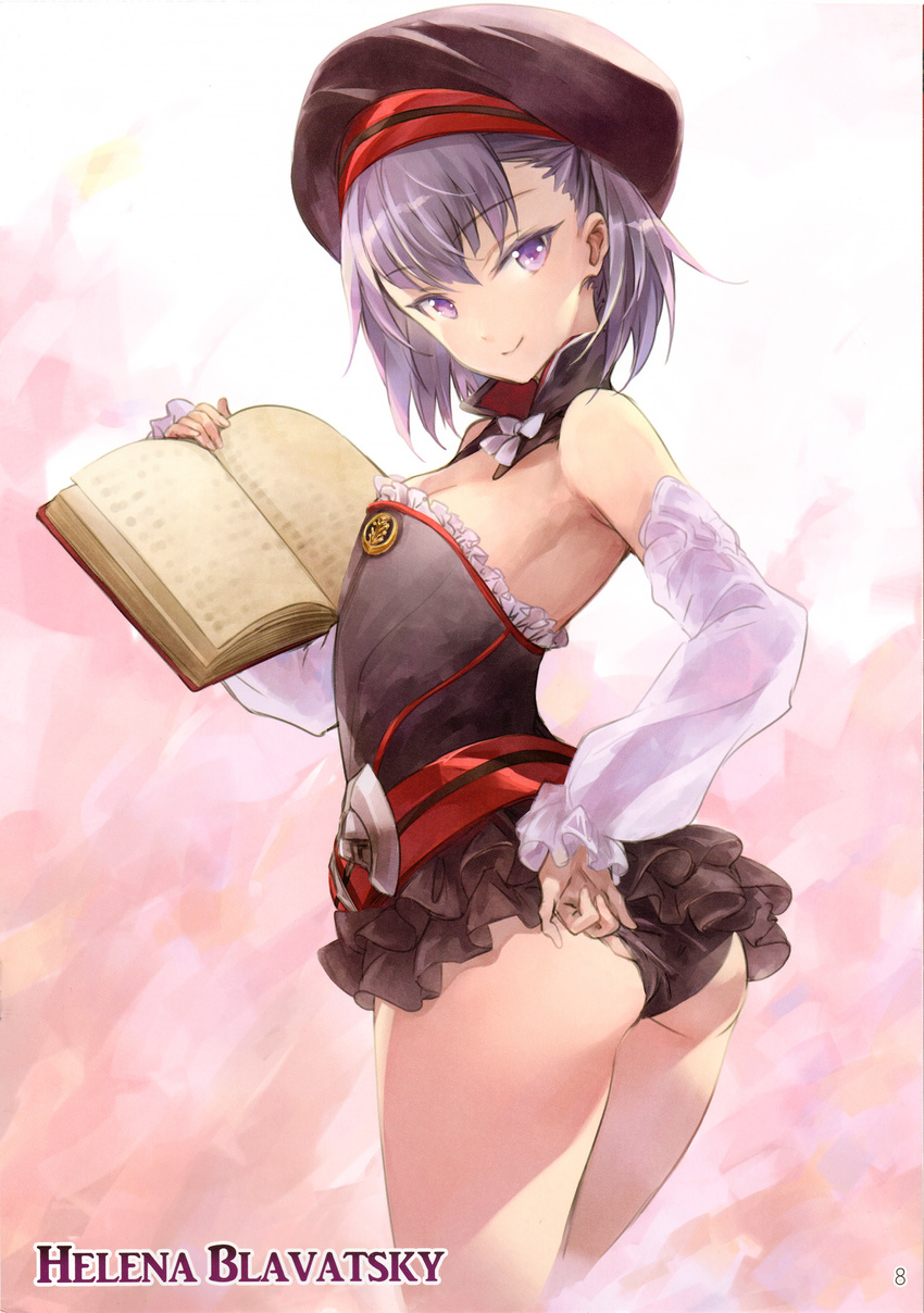 absurdres adjusting_clothes adjusting_panties ass bangs bare_shoulders belt beret book breasts character_name dress eyebrows_visible_through_hair fate/grand_order fate_(series) hat helena_blavatsky_(fate/grand_order) highres jas_(annkoromochi) looking_at_viewer panties pink_background purple_eyes purple_hair purple_legwear scan short_dress simple_background small_breasts smile underwear white_sleeves