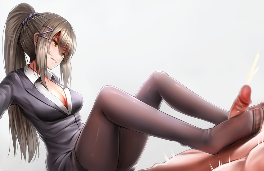&gt;:) 1girl black_legwear black_skirt breasts censored chabashira_sae cleavage clothed_female_nude_male commentary_request cum ejaculation footjob formal ginhaha grey_hair hair_ornament hair_scrunchie hairclip long_hair long_sleeves medium_breasts mosaic_censoring nude office_lady pantyhose parted_lips penis ponytail purple_scrunchie scrunchie sidelocks skirt skirt_suit smile solo_focus suit v-shaped_eyebrows yellow_eyes youkoso_jitsuryoku_shijou_shugi_no_kyoushitsu_e
