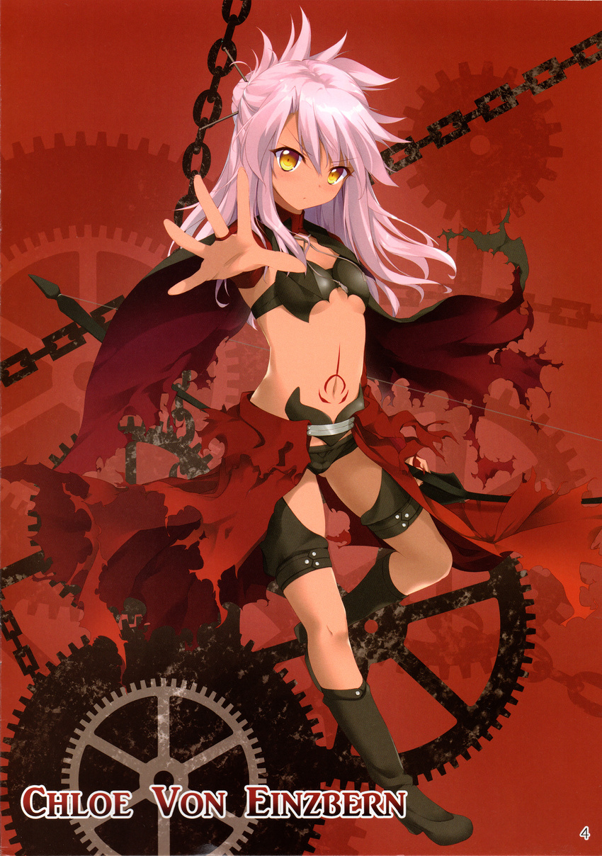 absurdres bangs boots cape character_name chloe_von_einzbern dark_skin eyebrows_visible_through_hair fate/kaleid_liner_prisma_illya fate_(series) flat_chest full_body gears highres hisagiyuu knee_boots long_hair looking_at_viewer midriff navel outstretched_arm pink_hair red_background scan short_shorts shorts simple_background solo tattoo waist_cape yellow_eyes