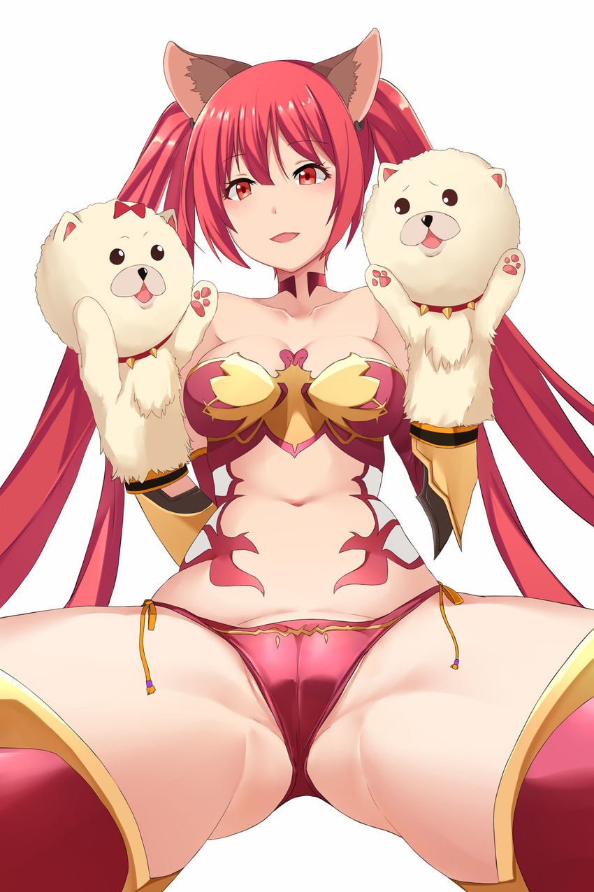 absurdres animal_ears aori_sora ass bikini breasts cameltoe cerberus_(shingeki_no_bahamut) choker dog_ears ear_piercing from_below hand_puppet highres long_hair looking_at_viewer medium_breasts navel open_mouth piercing puppet red_bikini red_eyes red_hair shingeki_no_bahamut shingeki_no_bahamut:_genesis side-tie_bikini simple_background solo spread_legs strapless swimsuit thighhighs twintails very_long_hair white_background