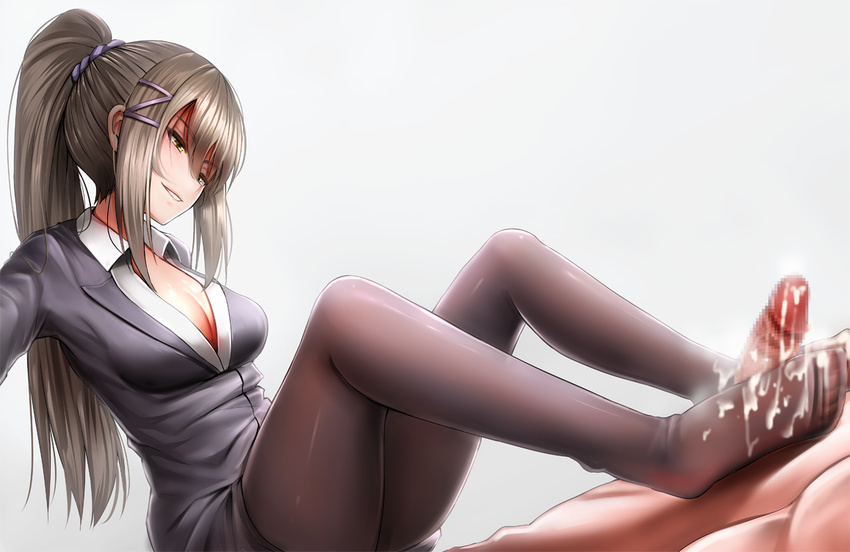 &gt;:) 1girl black_legwear black_skirt breasts censored chabashira_sae cleavage clothed_female_nude_male commentary_request cum cum_on_body cum_on_lower_body footjob formal ginhaha grey_hair hair_ornament hair_scrunchie hairclip long_hair long_sleeves medium_breasts mosaic_censoring nude office_lady pantyhose parted_lips penis ponytail purple_scrunchie scrunchie sidelocks skirt skirt_suit smile solo_focus suit teacher v-shaped_eyebrows yellow_eyes youkoso_jitsuryoku_shijou_shugi_no_kyoushitsu_e