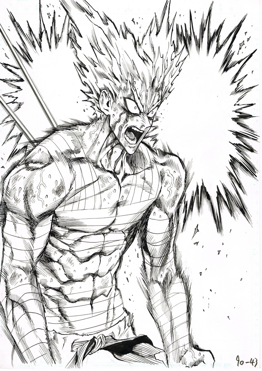 abs absurdres angry aura bare_shoulders blood blood_on_face commentary d: frown garou_(one-punch_man) greyscale highres looking_away male_focus monochrome motion_lines murata_yuusuke muscle official_art one-punch_man open_mouth pointy_hair sanpaku scan shouting solo standing sweat sweating_profusely traditional_media v-shaped_eyebrows white_background work_in_progress