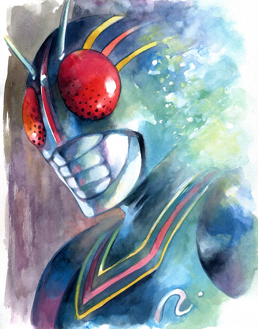 agahari antennae armor calligraphy_brush_(medium) commentary_request full_armor helmet highres kamen_rider kamen_rider_black kamen_rider_black_(series) looking_at_viewer male_focus solo traditional_media upper_body