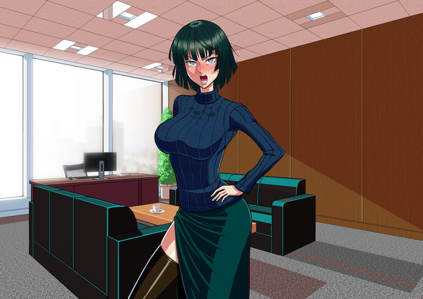 1girl angry black_hair black_legwear blue_eyes blush breasts caustica chair couch cowboy_shot crying day eyebrows fubuki_(one-punch_man) green_skirt hand_on_hip highres indoors large_breasts legs long_skirt looking_at_viewer monitor one-punch_man open_mouth raised_eyebrows short_hair skirt solo standing sweater table tears thighhighs thighs turtleneck turtleneck_sweater window