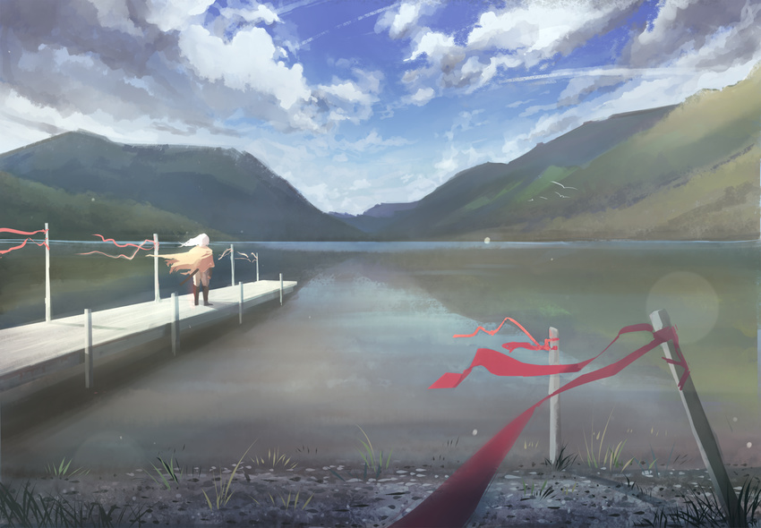 bird blue_sky boots brown_footwear cape cloud cloudy_sky commentary day facing_away from_behind lake landscape lens_flare long_hair mountain original outdoors pier reflection scenery shore sky solo soup-plz standing water water_surface white_hair yellow_cape