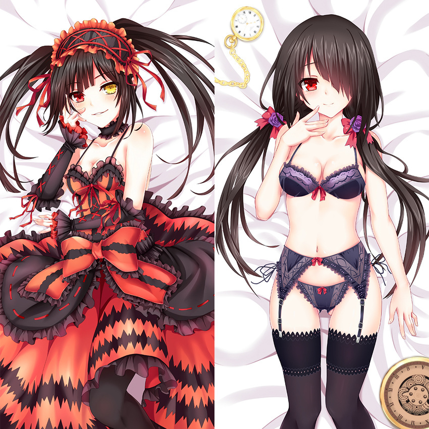 ass_visible_through_thighs bed_sheet black_bra black_hair black_panties bow bow_panties bra breasts breeze_(wcf) choker cleavage clock clock_eyes collarbone cross-laced_clothes dakimakura date_a_live detached_sleeves dress flower frilled_bra frilled_dress frilled_panties frills from_above garter_belt gothic_lolita hair_bow hair_flower hair_ornament hair_over_one_eye hairband heterochromia lolita_fashion lolita_hairband looking_at_viewer lying medium_breasts multiple_views navel on_back panties parted_lips purple_eyes purple_flower red_bow red_dress red_eyes red_ribbon ribbon shiny shiny_skin side-tie_panties sideboob smile symbol-shaped_pupils thighhighs tokisaki_kurumi twintails underwear underwear_only yellow_eyes